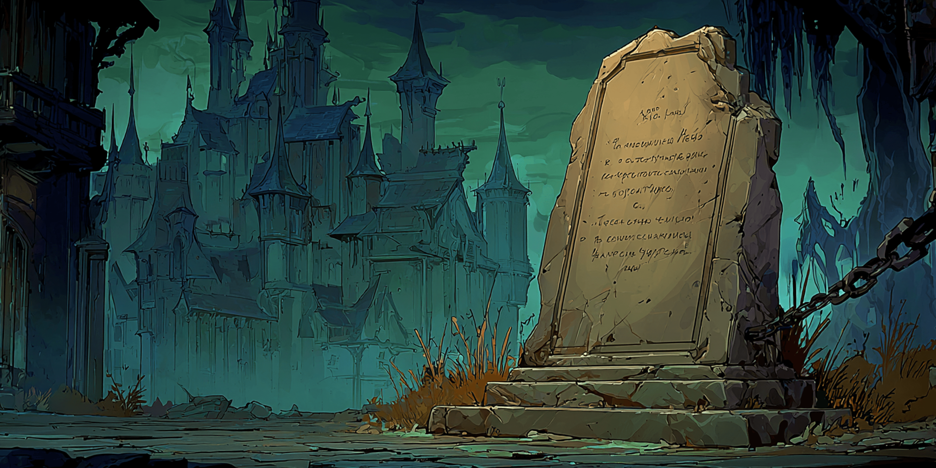 A candlelit writing table opening toward a misted dawn realm.